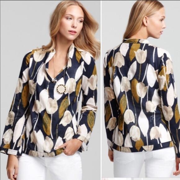 TORY BURCH Tulip Print Sequin Embellished Tunic Blouse Top Size 2 - Picture 1 of 10